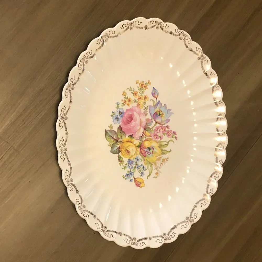 Cream Floral Scalloped Serving Platter
